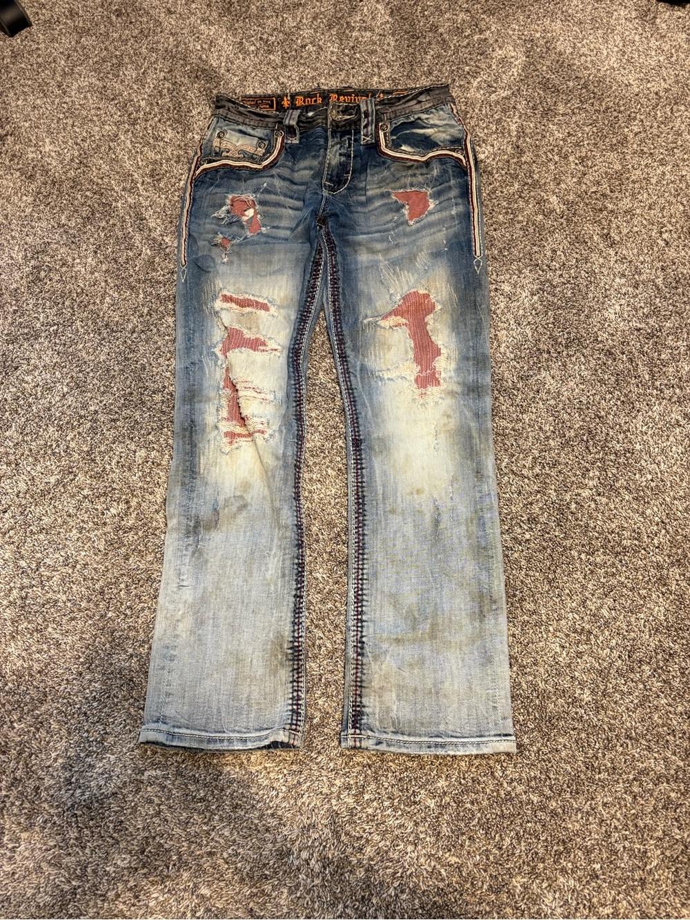 TYME Women’s Distressed Blue Denim Boot Cut Jeans with Red Patch Accents